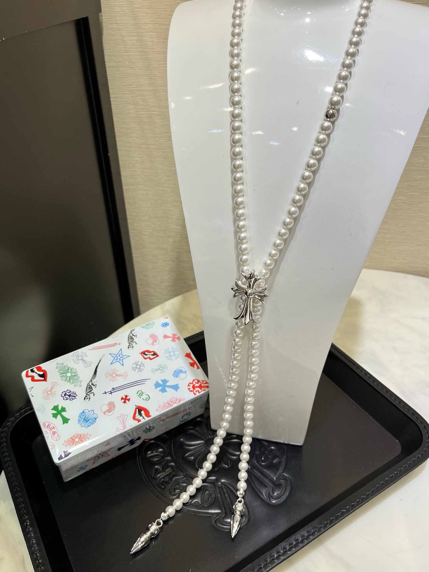 Chrome Hearts Black Velvet Corset with Pearl Necklace